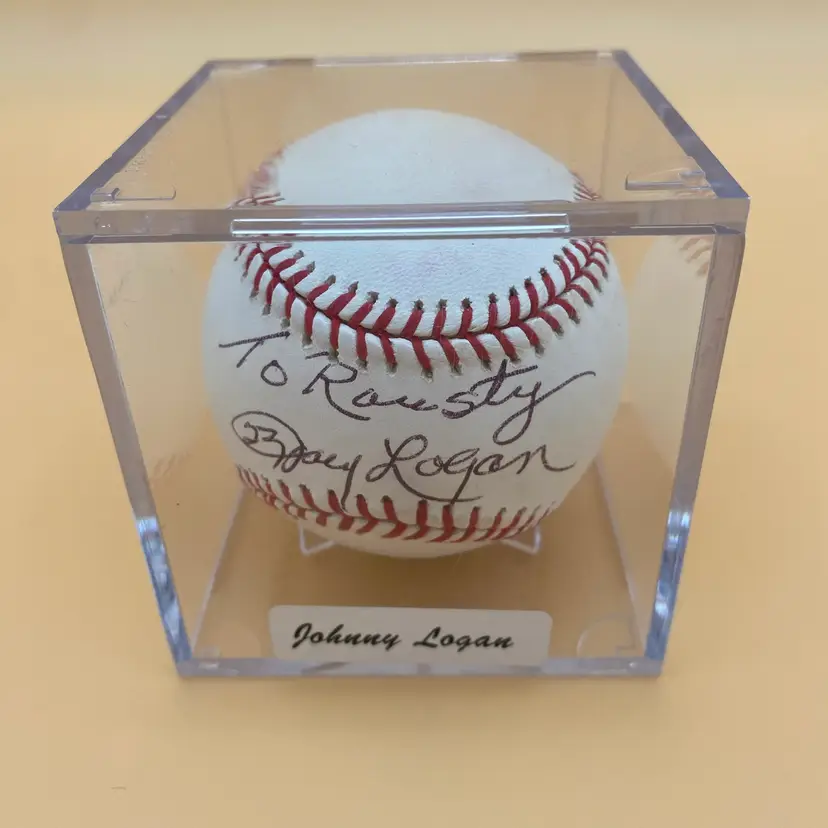 Johnny Logan To Raresty Autographed Rawlings Major League Baseball w/ Case