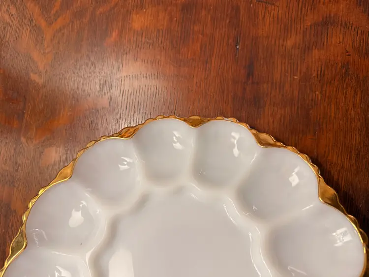 Vintage Milk Glass Deviled Egg Plate with Gold Trim – 10 Inch Mid Century Egg Platter – Easter Brunch Serving Dish