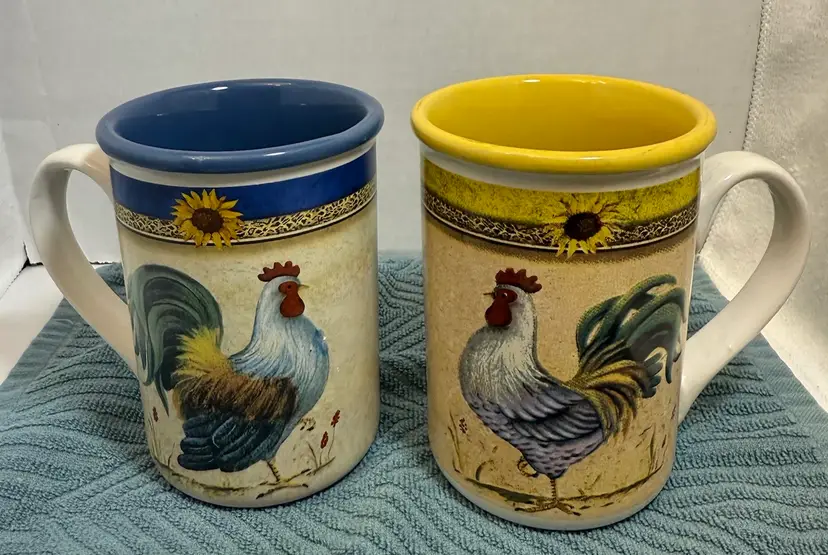 2 "Daybreak" Rooster Chicken Sunflower Yellow
Green Coffee Mugs Gibson 12oz Cup