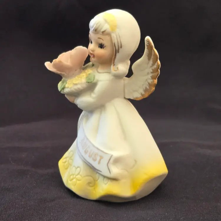 August Birthday Girl Angel Yellow & White Japan Pink Flowers 3⅞” Norcrest Vintage