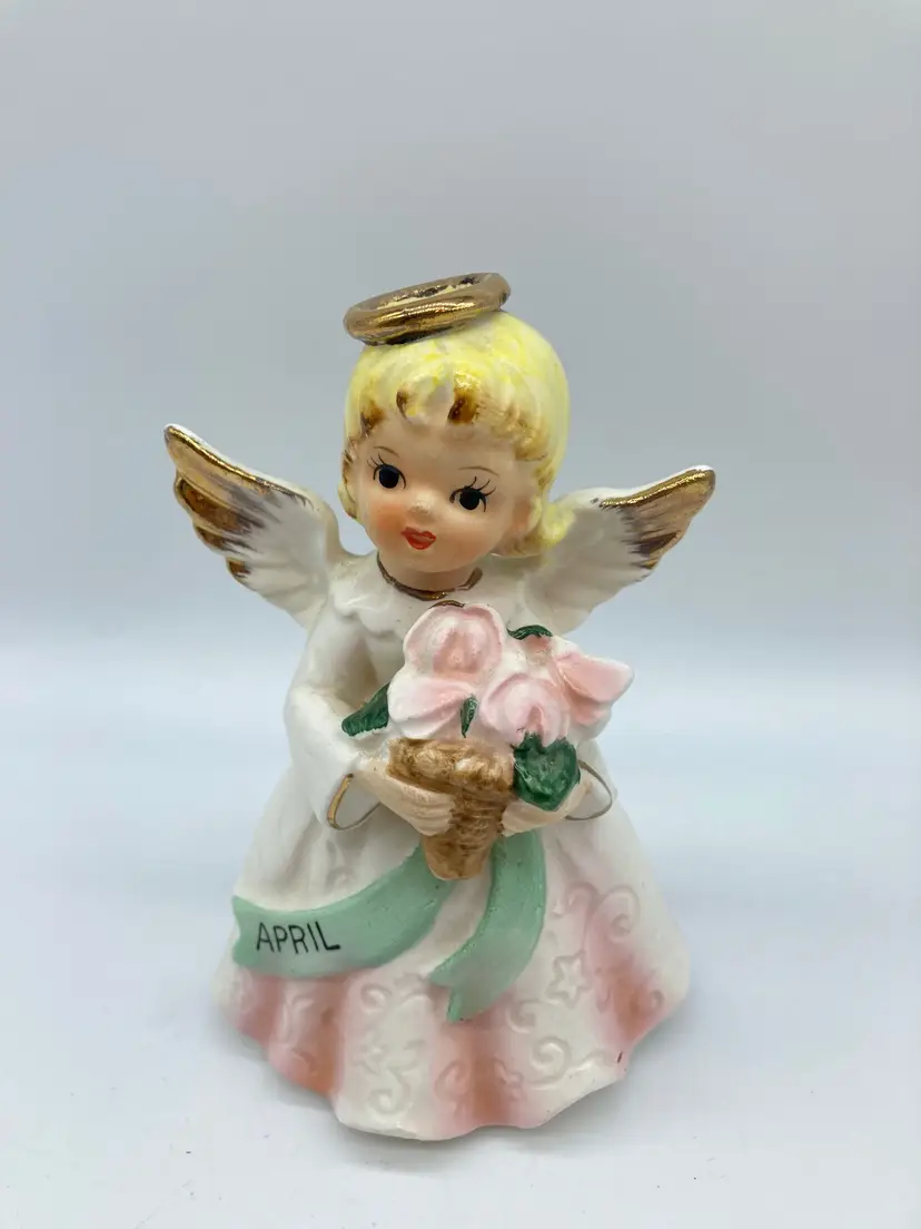 Vintage Nippon Yoko Boeki April Birthday Girl Angel Pink Flowers Figurine Japan
