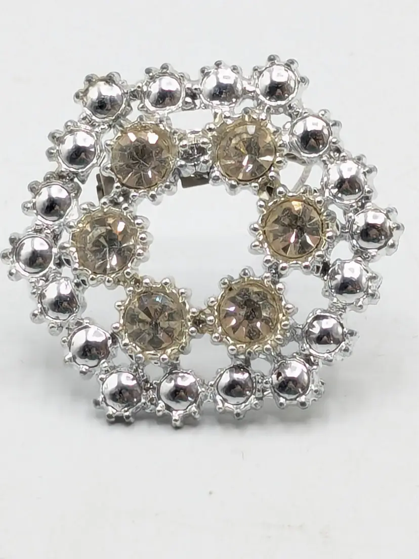 Vintage Rhinestone Circle Brooch Pin Silver Tone