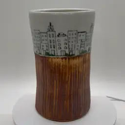 Art Pottery City Scape Skyline Vase/ Tumbler Artist Signed Two Tone 5.5” Studio
