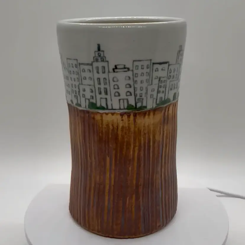 Art Pottery City Scape Skyline Vase/ Tumbler Artist Signed Two Tone 5.5” Studio