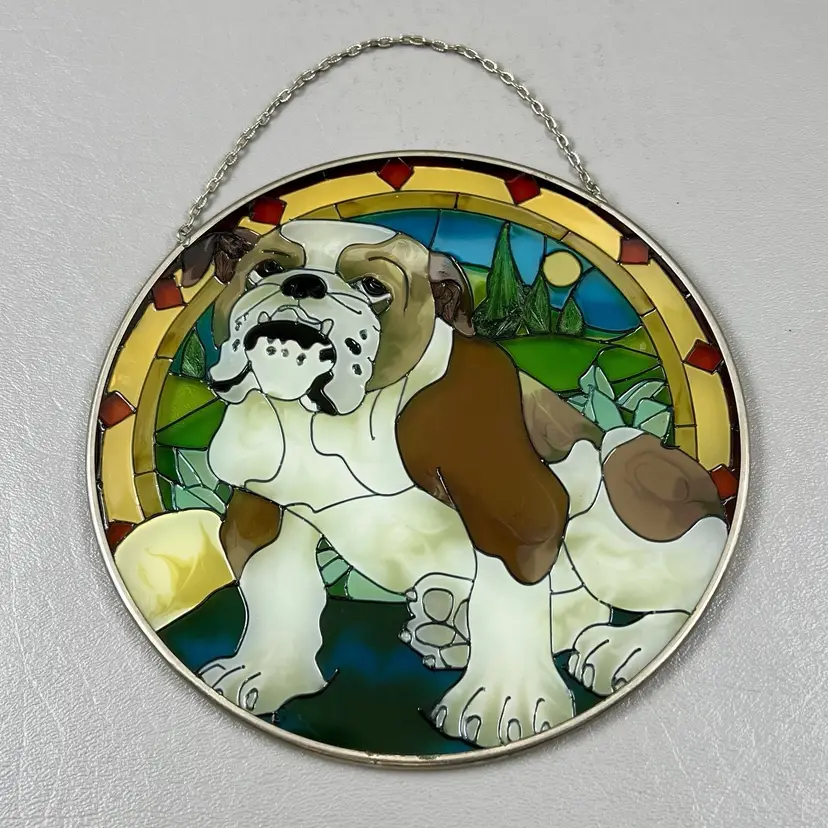 Bulldog Round Stained Glass Suncatcher 6.5” With Chain English Bulldog Dog Puppy Vibrant Color