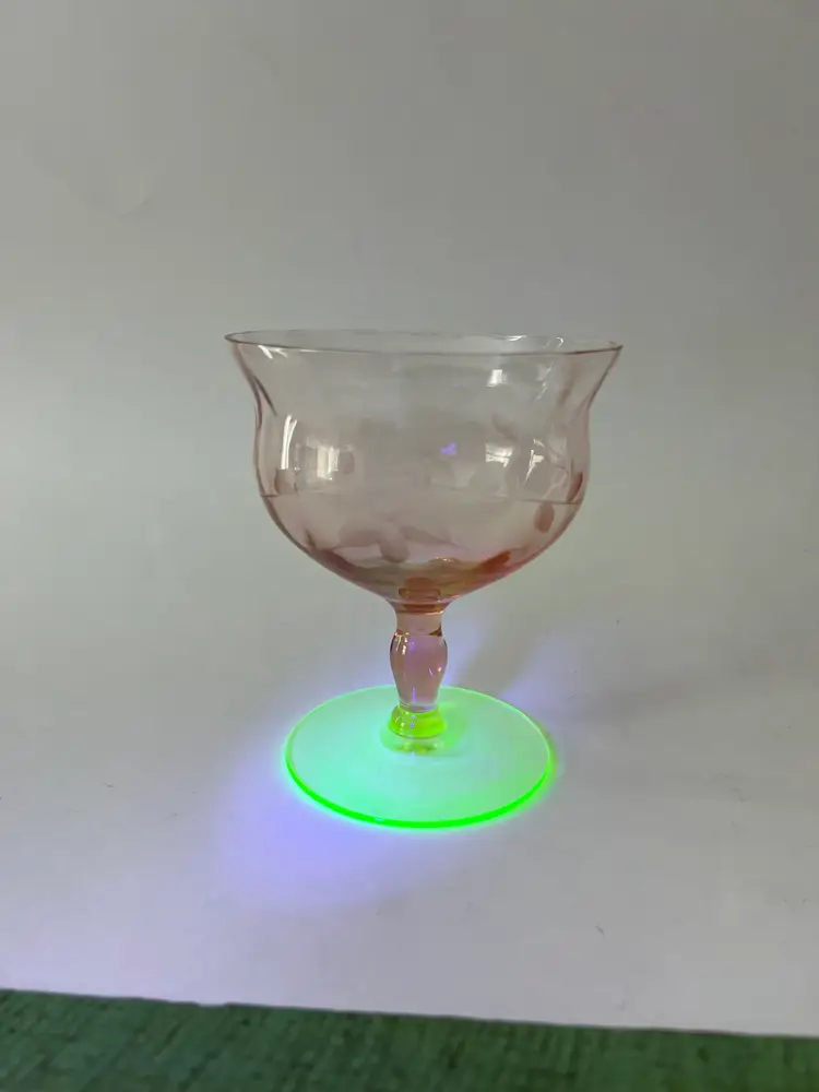 Tiffin Watermelon Glassware. (2) Etched Depression Uranium Glass Pink & Green Sherbet Cocktail Glasses. Glows