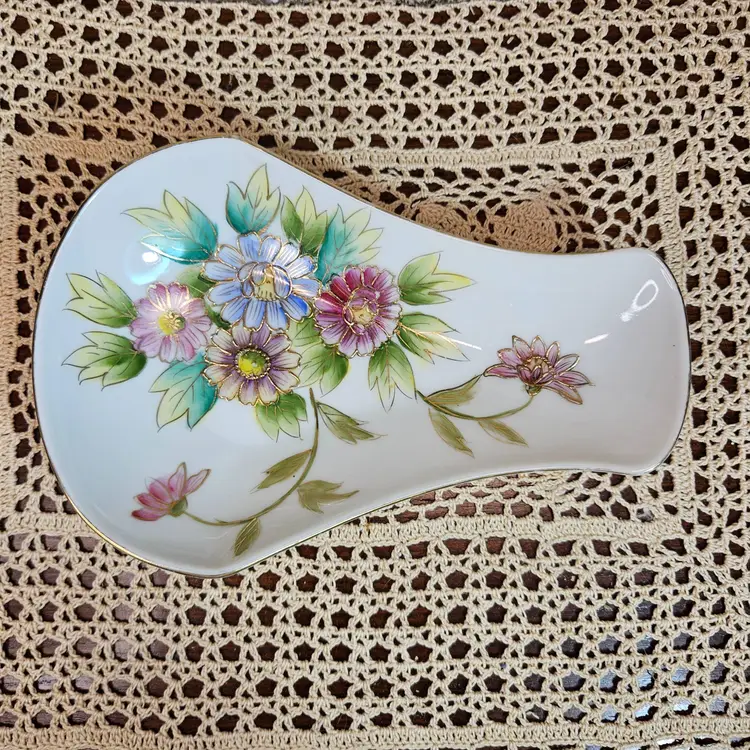 Gorgeous Vintage Ceramic Hand Painted Floral Spoon Rest Embossed Petal Edges