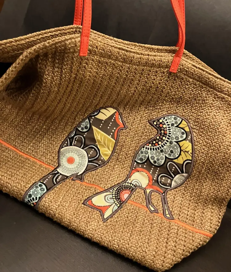 VERA BRADLEY Woven Straw Tote Two Birds on a Wire Shopping Beach Bag Shoulder