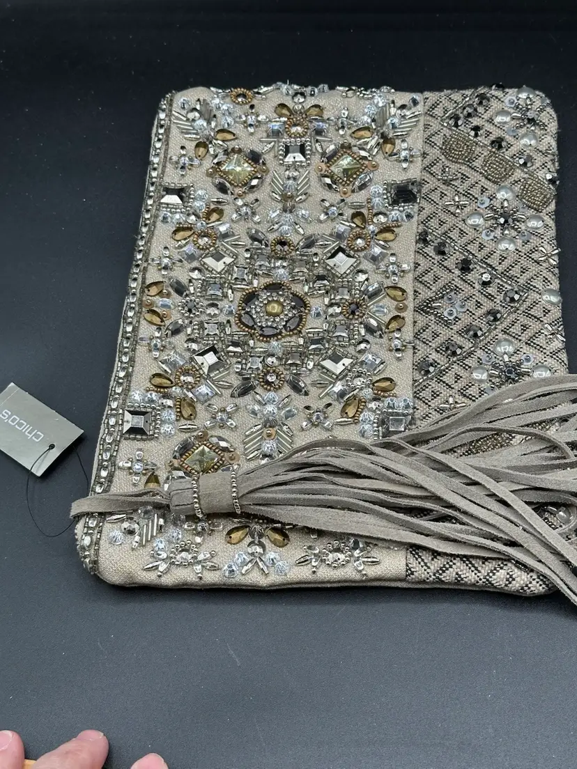 Chico's GOLD SILVER MULTICOLOR BEADED EMBROIDERED CANVAS HANDBAG CLUTCH