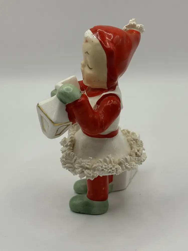 Vintage 1950’s Christmas Spaghetti Elf Pixie Caroler Girl with Lantern Figurine, Hand-Painted Ceramic, By Napco, Made in Japan