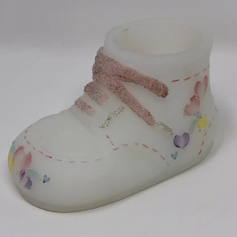Fenton Cameo Satin Hand Painted Baby Shoe with Ground Glass Ice for Sparkle
