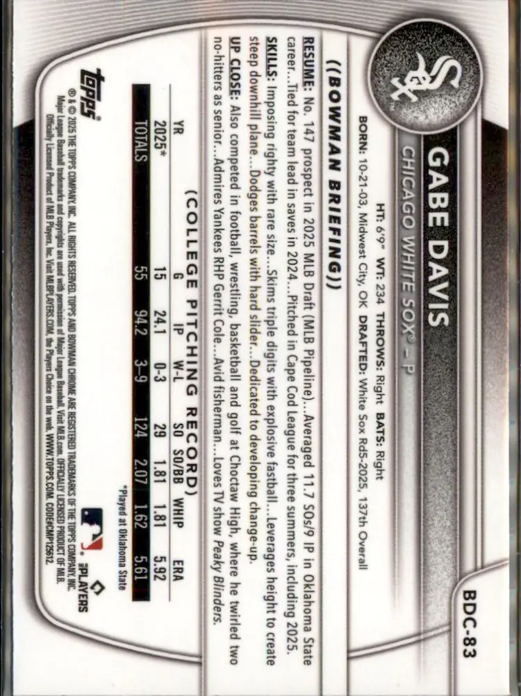 2025 Bowman Draft #BDC-83 Gabe Davis Fuchsia Reptilian /199 - ( 138 ) - Chicago White Sox