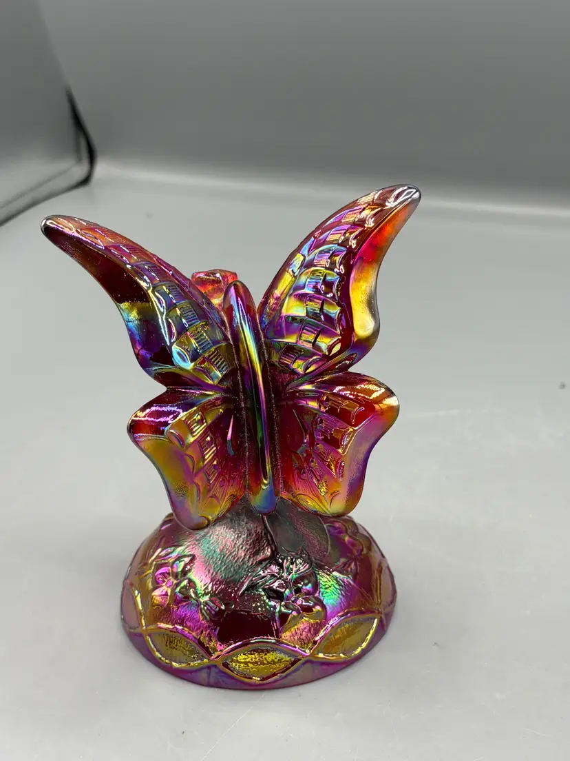 Vintage Fenton Ruby butterfly in a branch ring holder