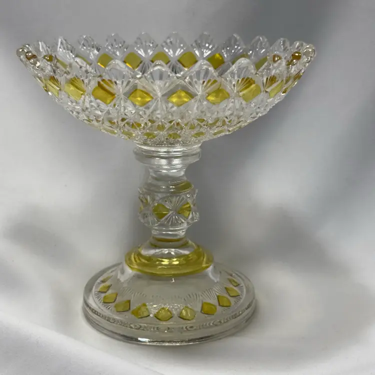 #1683 Kingson & Co Crystal Glass Compote Dish Footed Clear And Amber Fine Cut Sawtooth Edge UV Glow