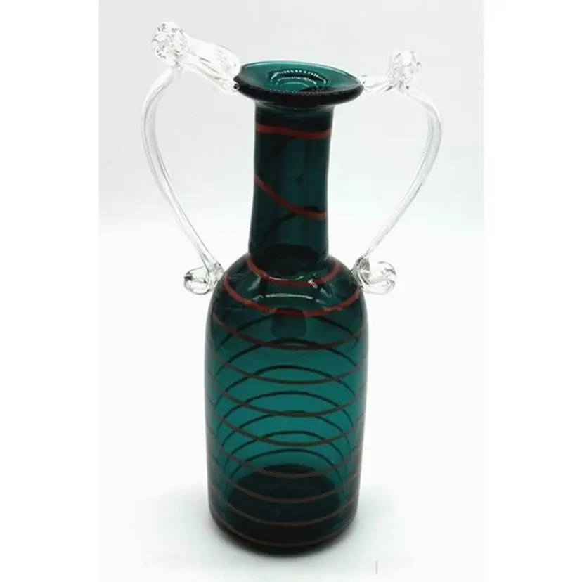 Two Handled Green Bottle Vase Handblown Art Glass Red Stripe Green 9.5" No Flaws