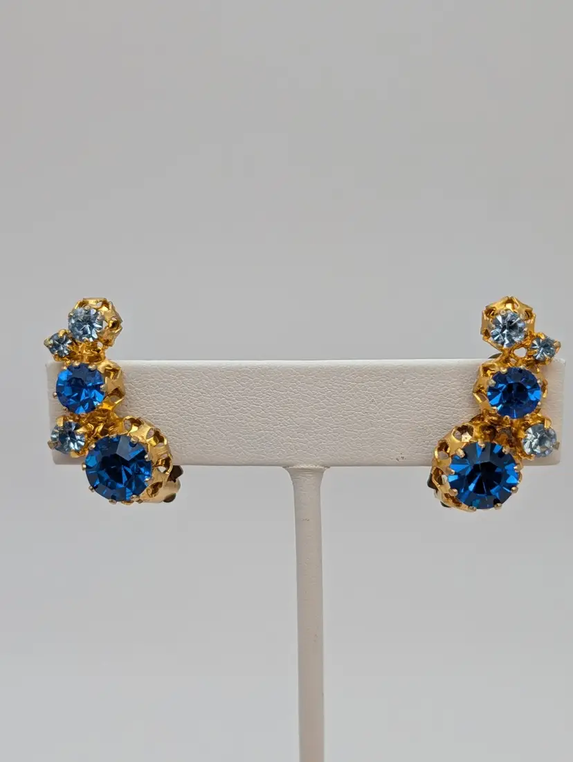 Vintage Multi Tone Blue Austrian Crystal Clip On Earrings Gold Tone