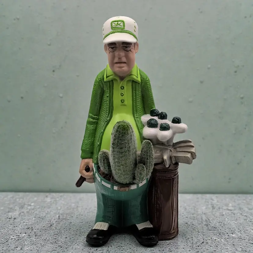 Whimsical Goofy Golfer With Golf Bag & Club Faux Succulent Cactus Plant Figurine