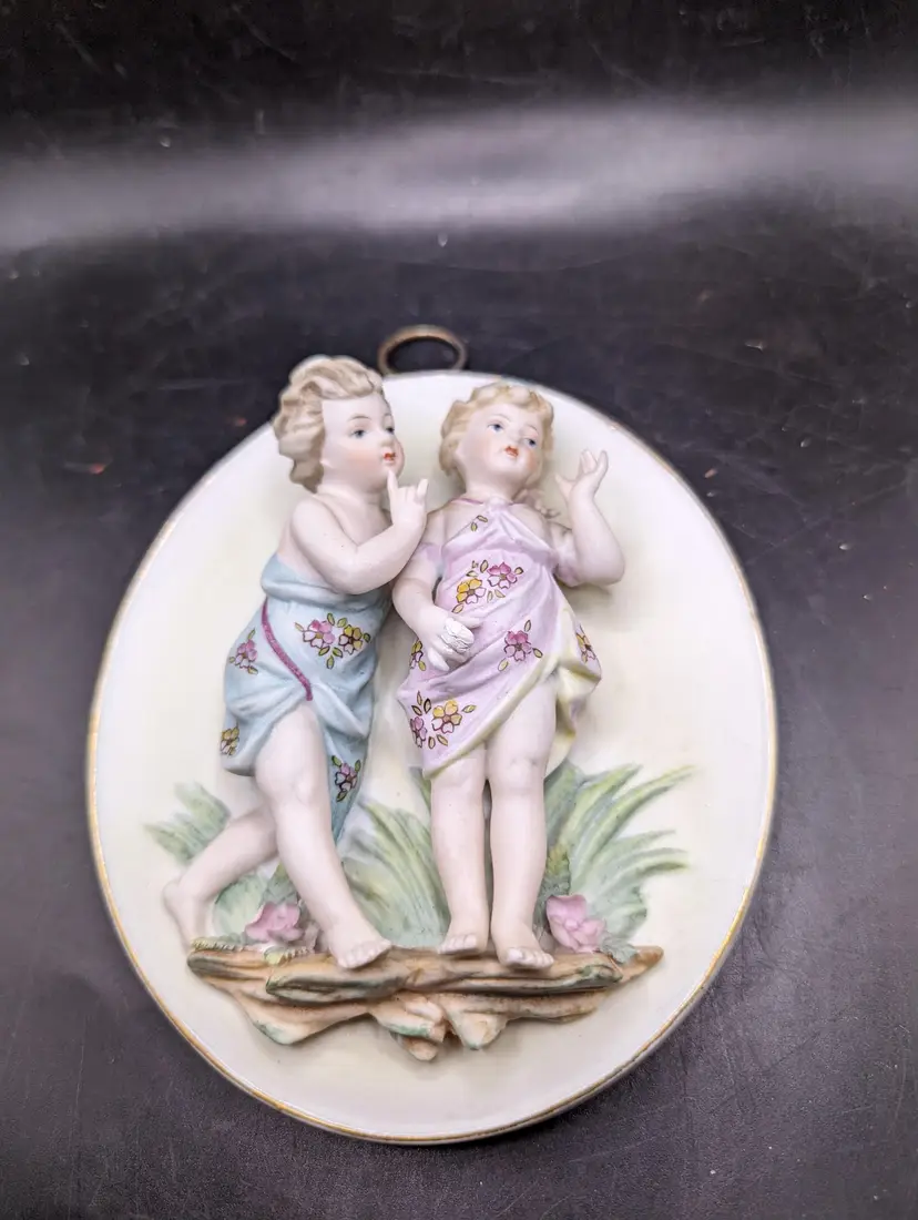 Charming Vintage Porcelain Wall Plaque with Cherubs Mid Century Japan