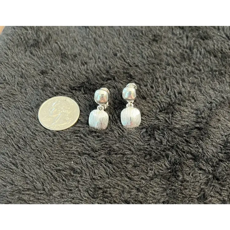 Napier Brushed Silver Tone Square Dangle Clip On  Earrings, Signed.