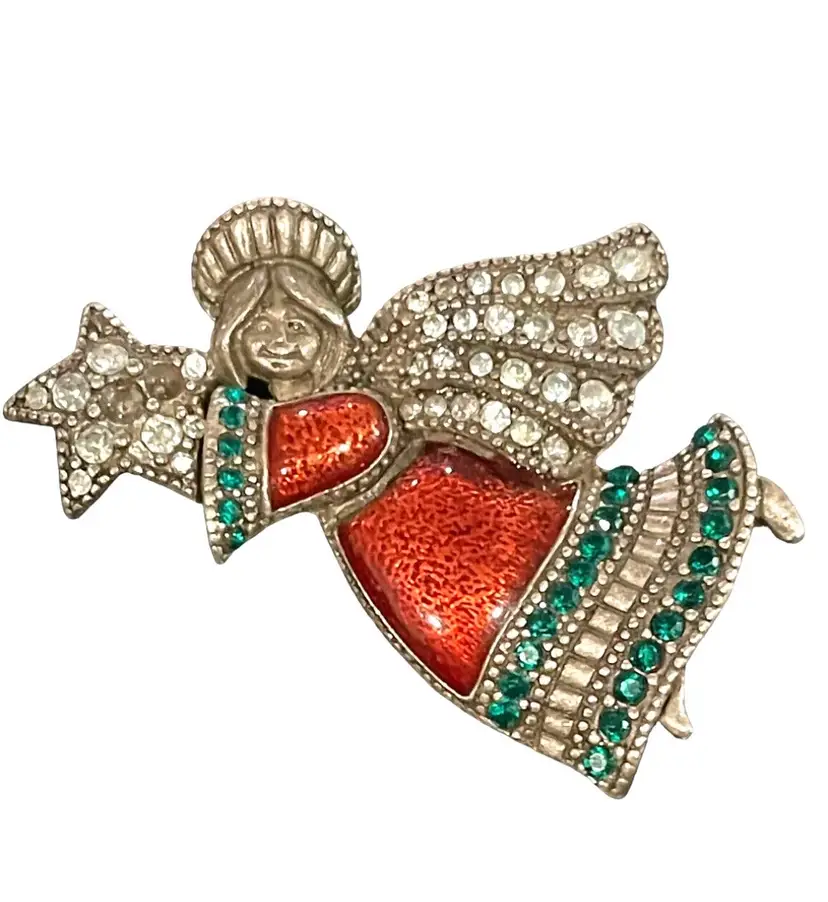 Lg Vintage Signed TC Red Enamel Green AB Rhinestone Christmas Angel Pin Star 2"
