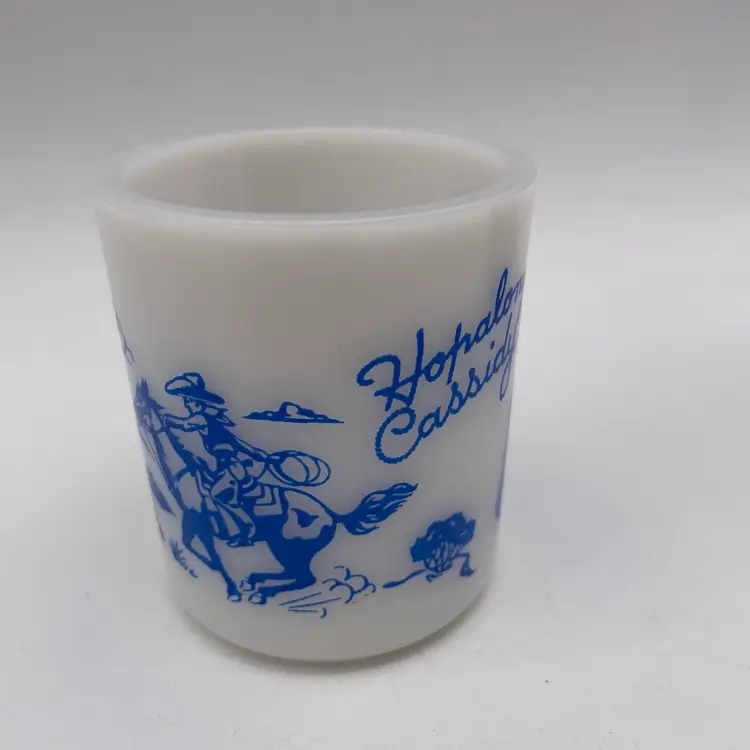Vintage 1950’s Hazel Atlas Hopalong Cassidy Milk Glass Mug With Blue Graphics