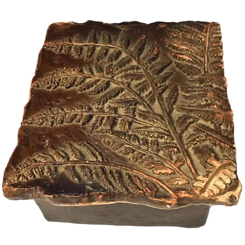 Vintage Austin Sculpture Clay Trinket Box Brutalist Carved Ferns on Lid 6"x5"x 2.5"
