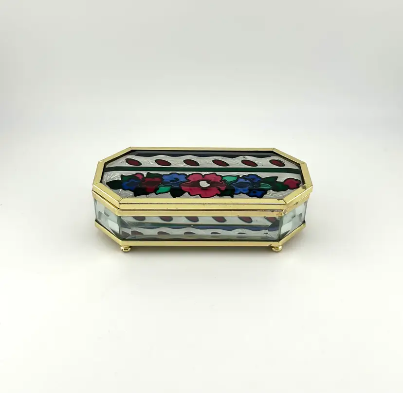 Vintage Joan Baker Stained Glass Trinket Box 4.75”x 2.75”x 1.5”
