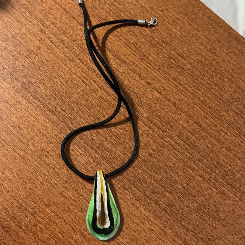Glass Pendant Green Black White Yellow with Black Cord Chain 10 in