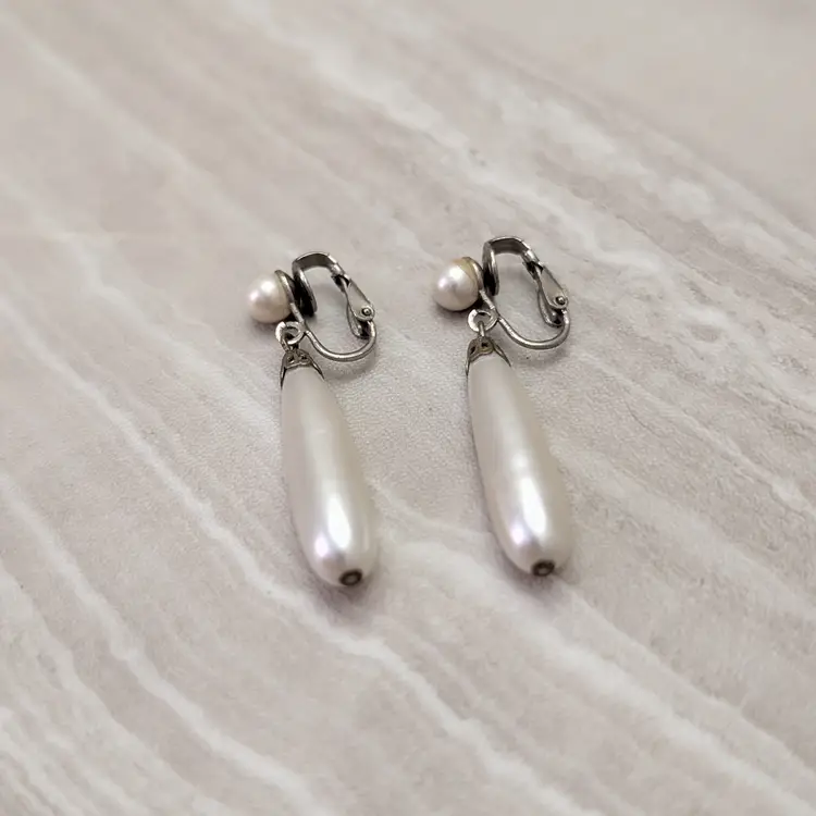 Vintage Clip On Earrings Faux Pearl Teardrop Earrings Large Dangle