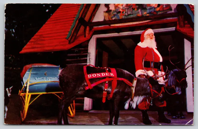 Postcard Santa Leads Donder and Cupid Santa's Workshop North Pole New York Christmas - 11857