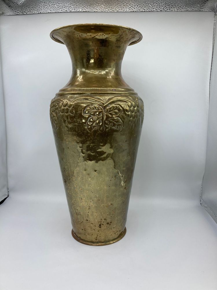 Vintage Hammered Brass Vase: Embossed Grapes, Fluted Top, Made in India
