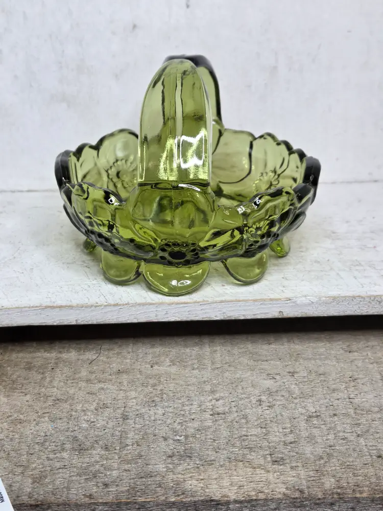 Westmoreland Olive Green Glass Basket w/ Dogwood Pattern.