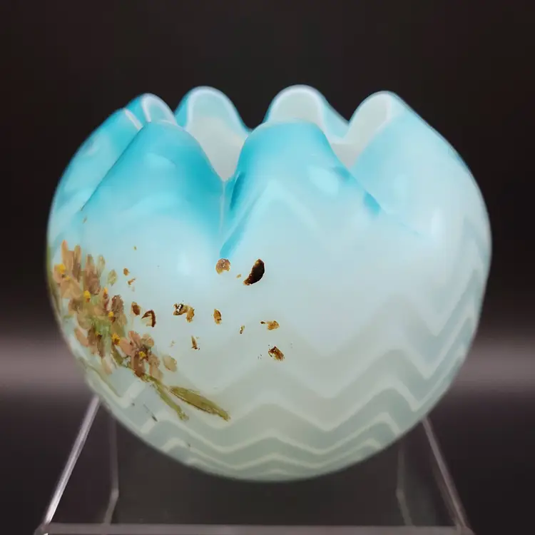 Italian Mother of Pearl Blue Satin Glass Rose Bowl vase with hand-painted enamel flowers.