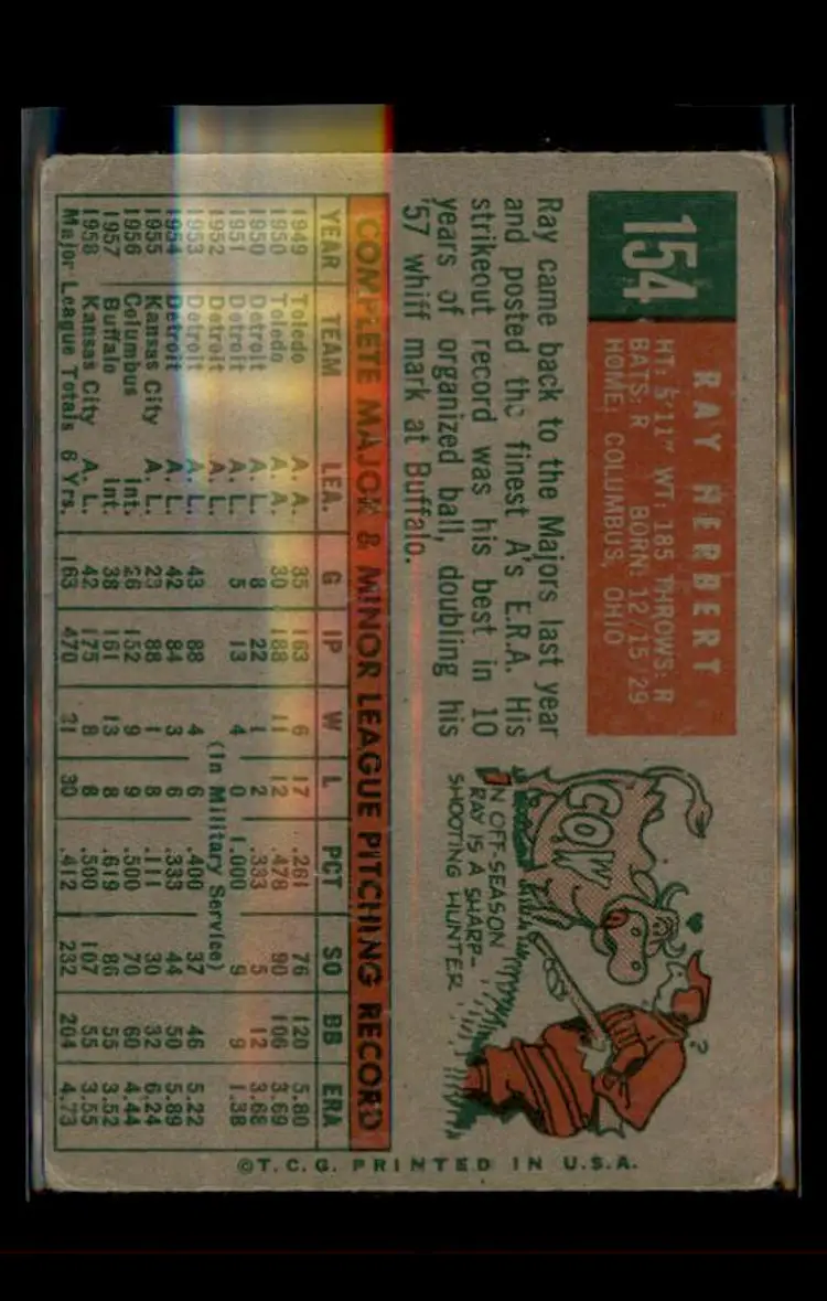 1959 Topps #154 Ray Herbert - (pk4) - Kansas City Athletics