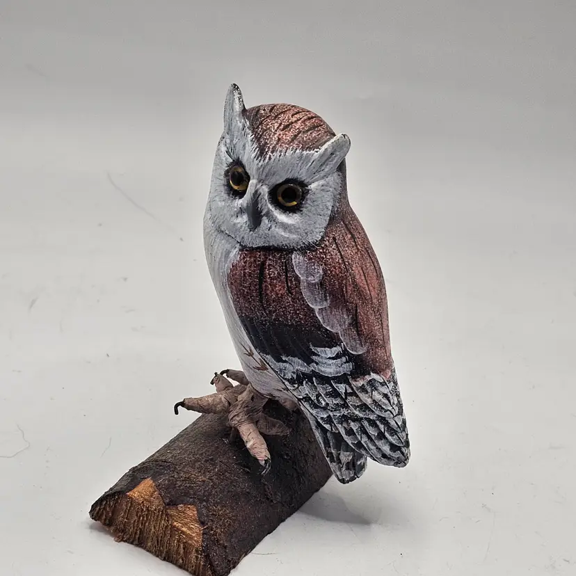 Miniature owl wooden hand Painted Carved figure sculpture Signed