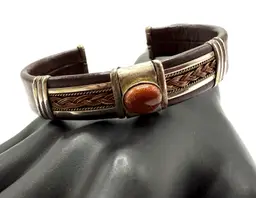 Sterling Silver Leather Cuff, Unisex Goldstone Center, Adjustable Copper Wrapped