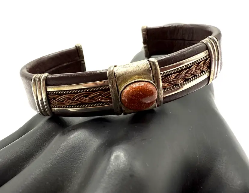 Sterling Silver Leather Cuff, Unisex Goldstone Center, Adjustable Copper Wrapped