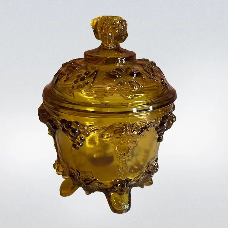 Vintage Jeanette Footed Amber Colored Glass Covered Jar