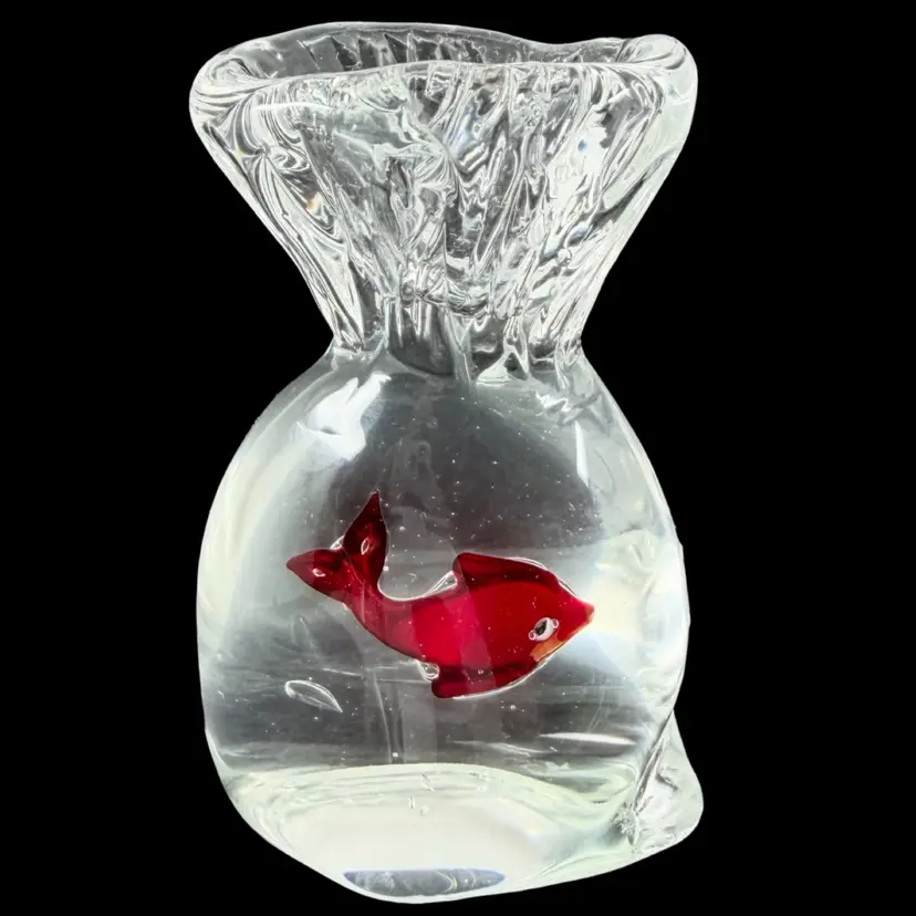 Vintage Murano Hand-Blown Art Glass Goldfish in a Bag Paperweight
4” T x 2.75”