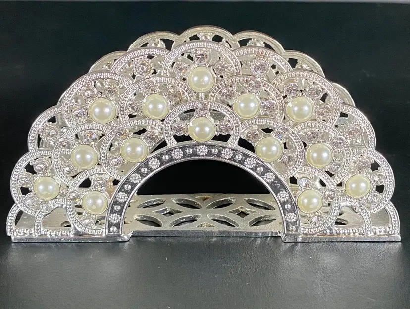Silver Metal Napkin Holder w/Faux Pearls Crystals Wedding Anniversary 5 3/4"