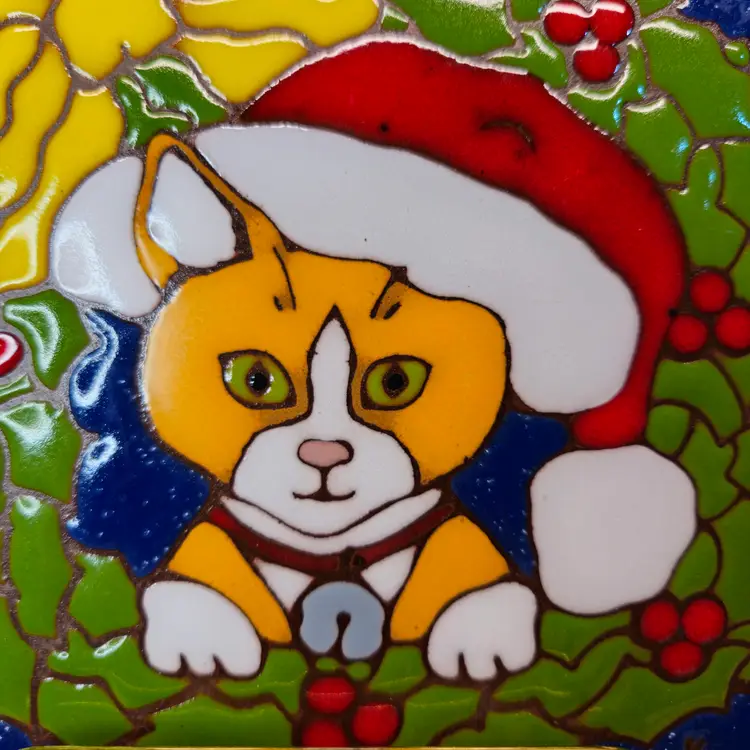 Vintage 1999 Earthtones Christmas Cat Trivet Wall Tile Made in the USA 6052A 6"