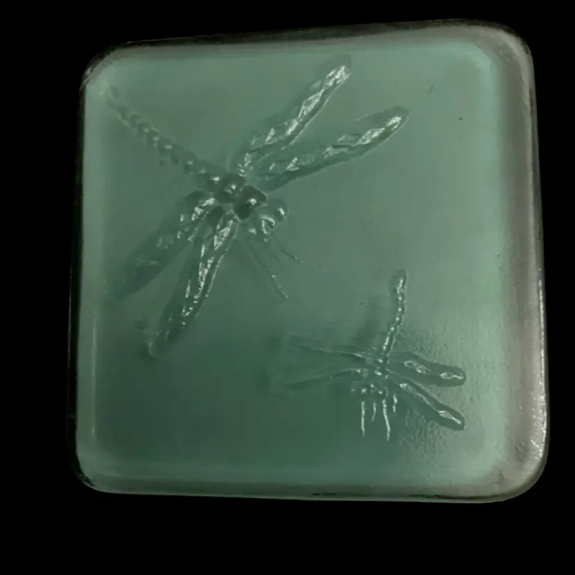 Green Glass Tile w/Dragonflies Paperweight 4.5”x 4.5”