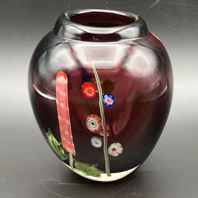 Vintage Handblown Purple Amethyst Cased Art Glass Vase Millefiori Flower 5" H
