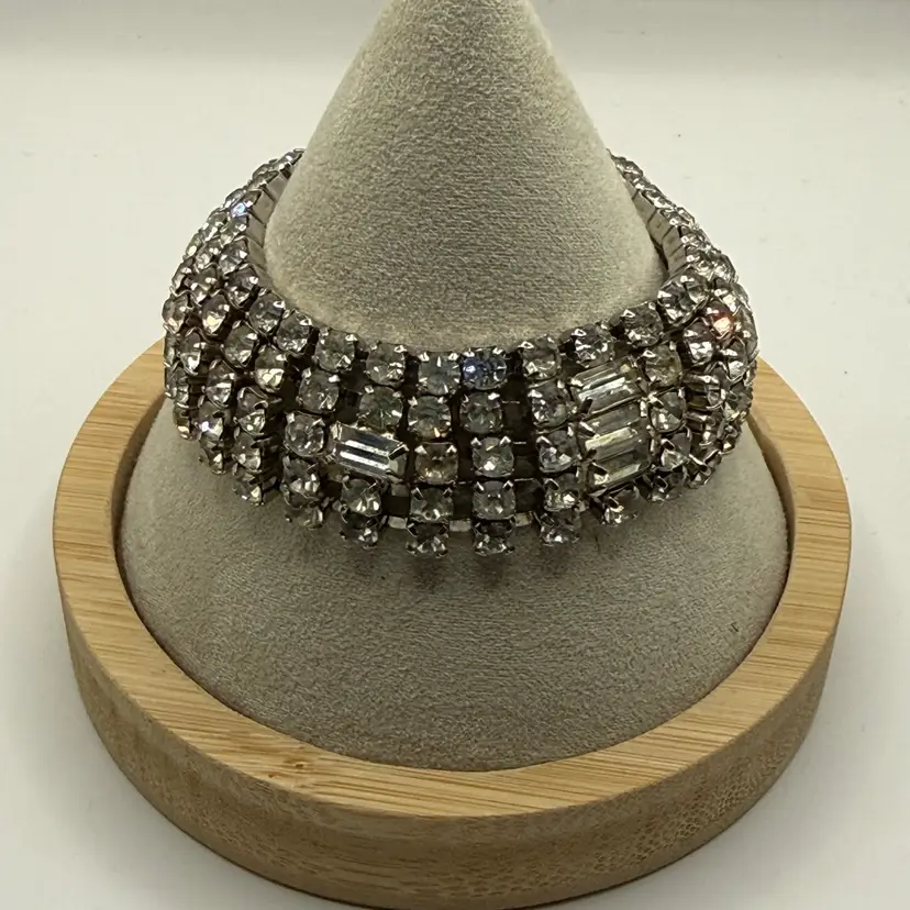 Vintage Crystal Multi-Row Statement Bracelet - Silver Tone 6.5”