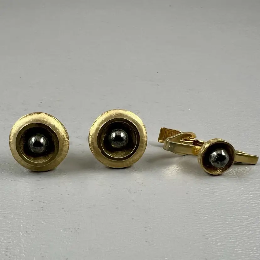 Vintage Cufflink Set Tie Clasp Mid-Century Gold Tone Round Faux Black Pearl