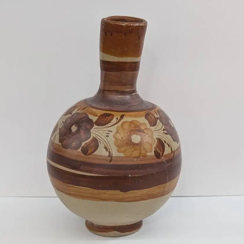 Vintage Mexican Folk Art Clay Pottery Water Jug Botellon Flower Pattern Vase