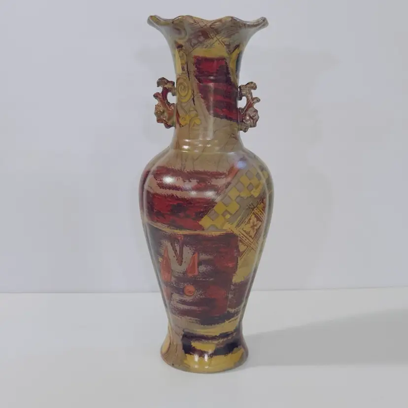 #1177 Art Of China, Exhibit Pottery Vase, Multicolor, Brush Hand Painted, Oriental Handles 12”