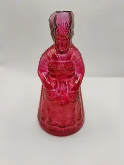 1970's Kanawha Iridescent Cranberry Stained Glass Colonial Woman Pitcher