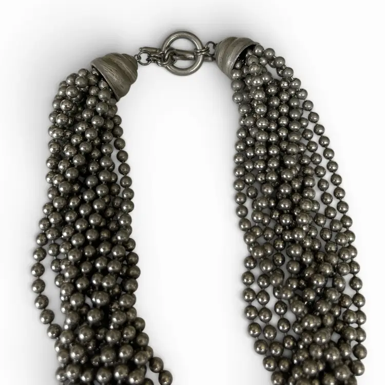 Chunky Silver Tone Beaded Hematite StyleTwisted Rope Necklace