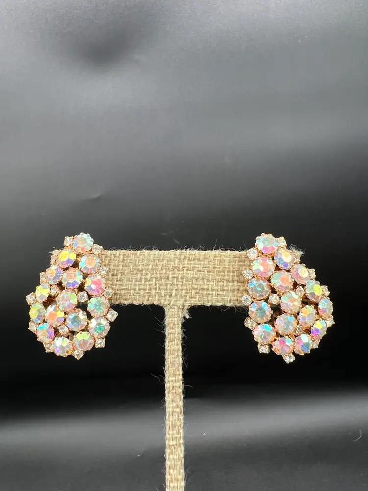 AB Stones Over Golden Tear Drop Pierced Earrings Not Marked 1.25”